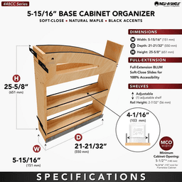5" Craftsman Base Cabinet Pullout Organizer with Black Accents for 9" Base Cabinets, Light Brown Alt 8 - Image