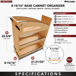 8" Craftsman Base Cabinet Pullout Organizer with Black Accents for 12" Base Cabinets, Light Brown Alt 8 - Image