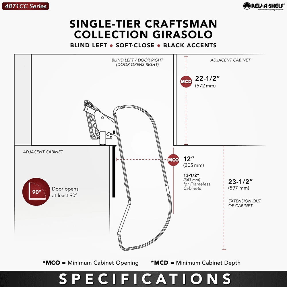 12" One-Tier Craftsman Collection Girasolo with Soft-Close/Black Accents for Right Opening/Blind Right Corner Cabinet, Dark Brown Alt 1 - Image