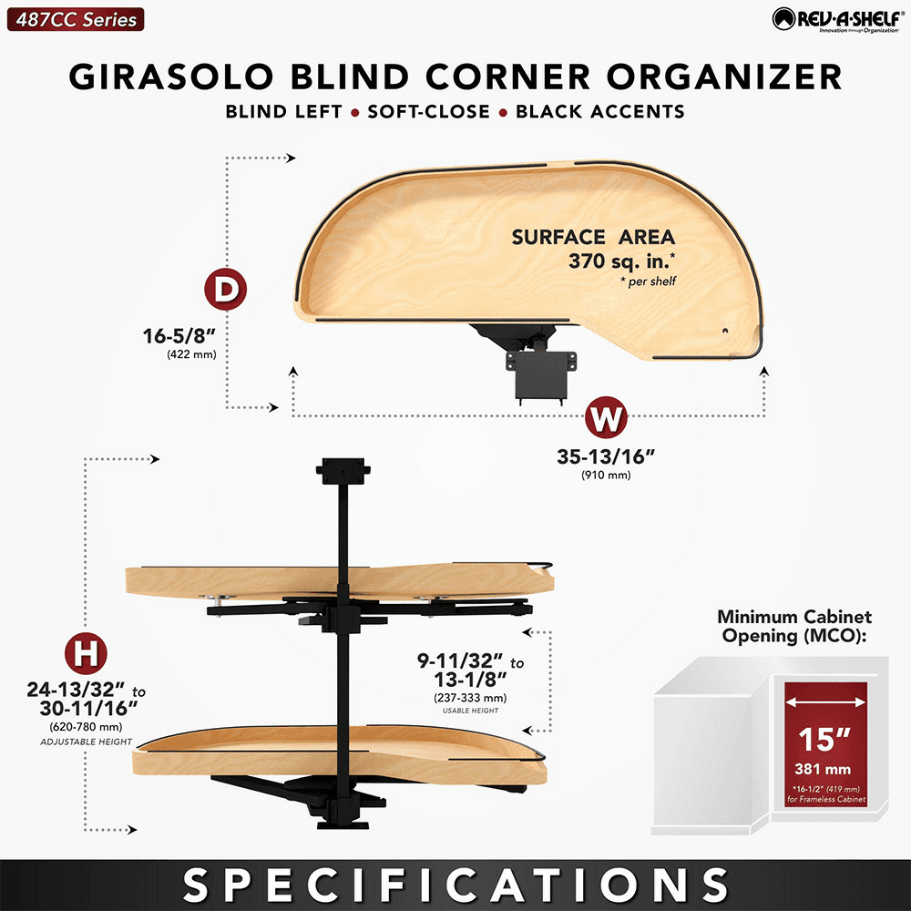 15" Two-Tier Craftsman Collection Girasolo with Soft-Close/Black Accents for Right Opening/Blind Right Corner Cabinet, Light Brown Alt 6 - Image