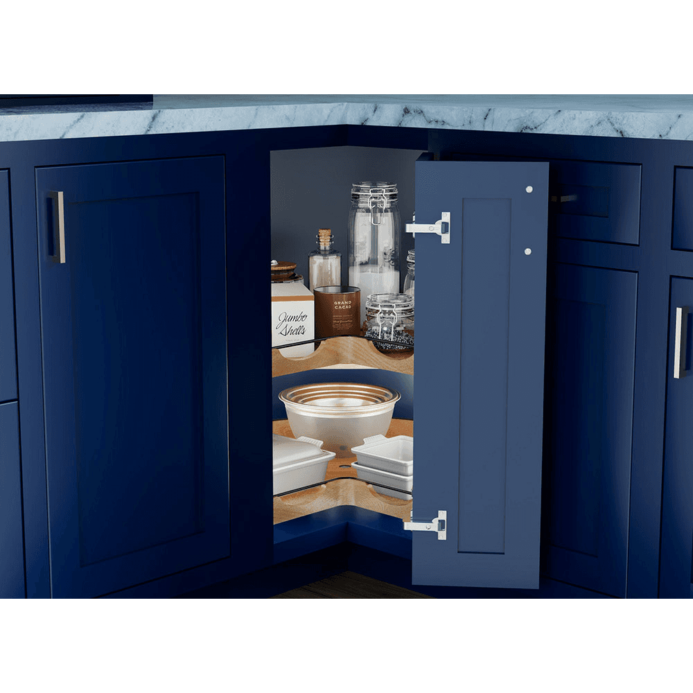 28" Craftsman Kidney Lazy Susan for Corner Base Cabinet with Swivel Bearing/Black Accent, Light Brown Alt 6 - Image