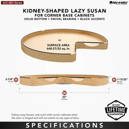 32" Craftsman Kidney Lazy Susan for Corner Base Cabinet with Swivel Bearing/Black Accent, Light Brown Alt 6 - Image