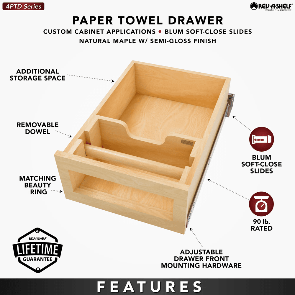 Paper Towel Drawer Pullout, Maple - Features