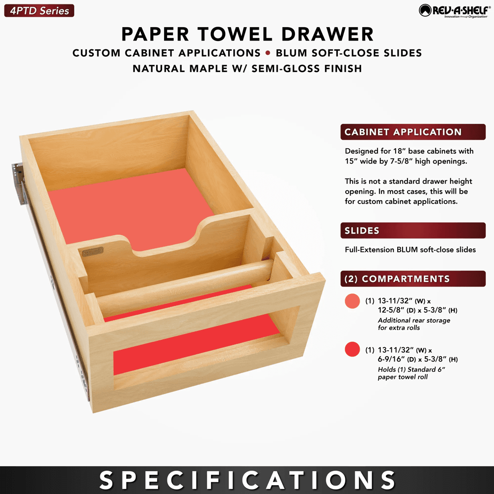 Paper Towel Drawer Pullout, Maple - Specifications