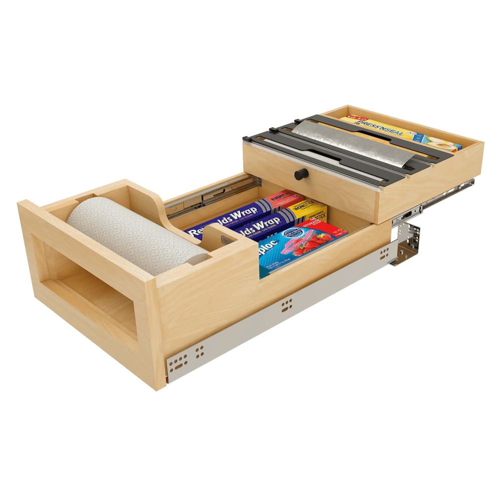 Paper Towel Drawer Pullout with Cutter, Maple - With Paper Towels and Foil