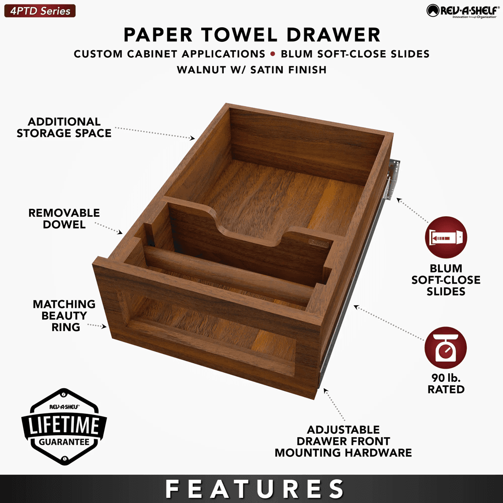 Paper Towel Drawer Pullout, Walnut - Features