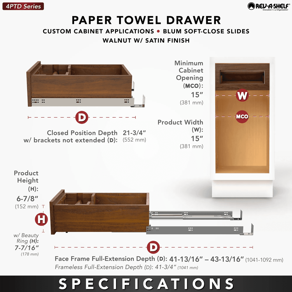 Paper Towel Drawer Pullout, Walnut - Specifications