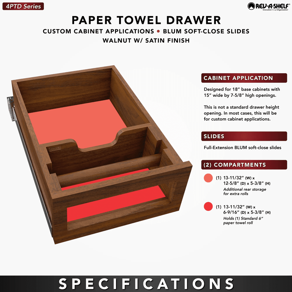 Paper Towel Drawer Pullout, Walnut - Specifications