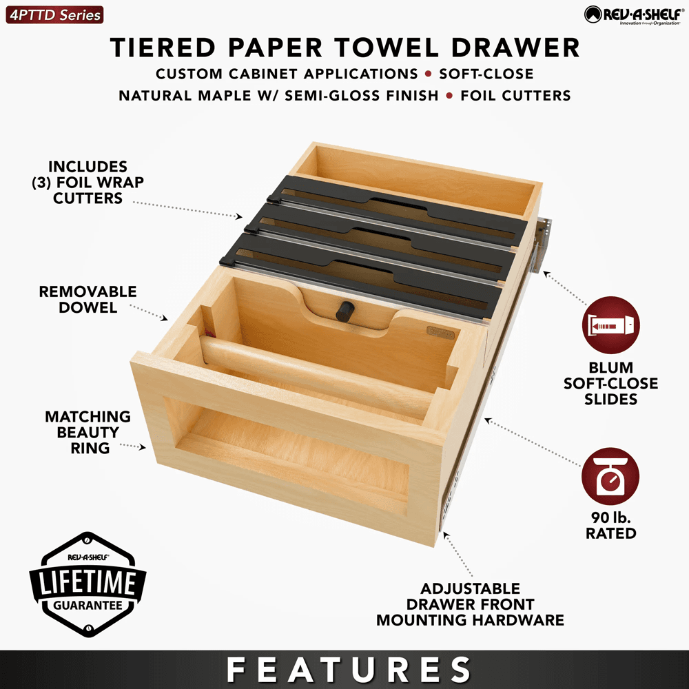 Paper Towel Drawer Pullout with Cutter, Maple - Features