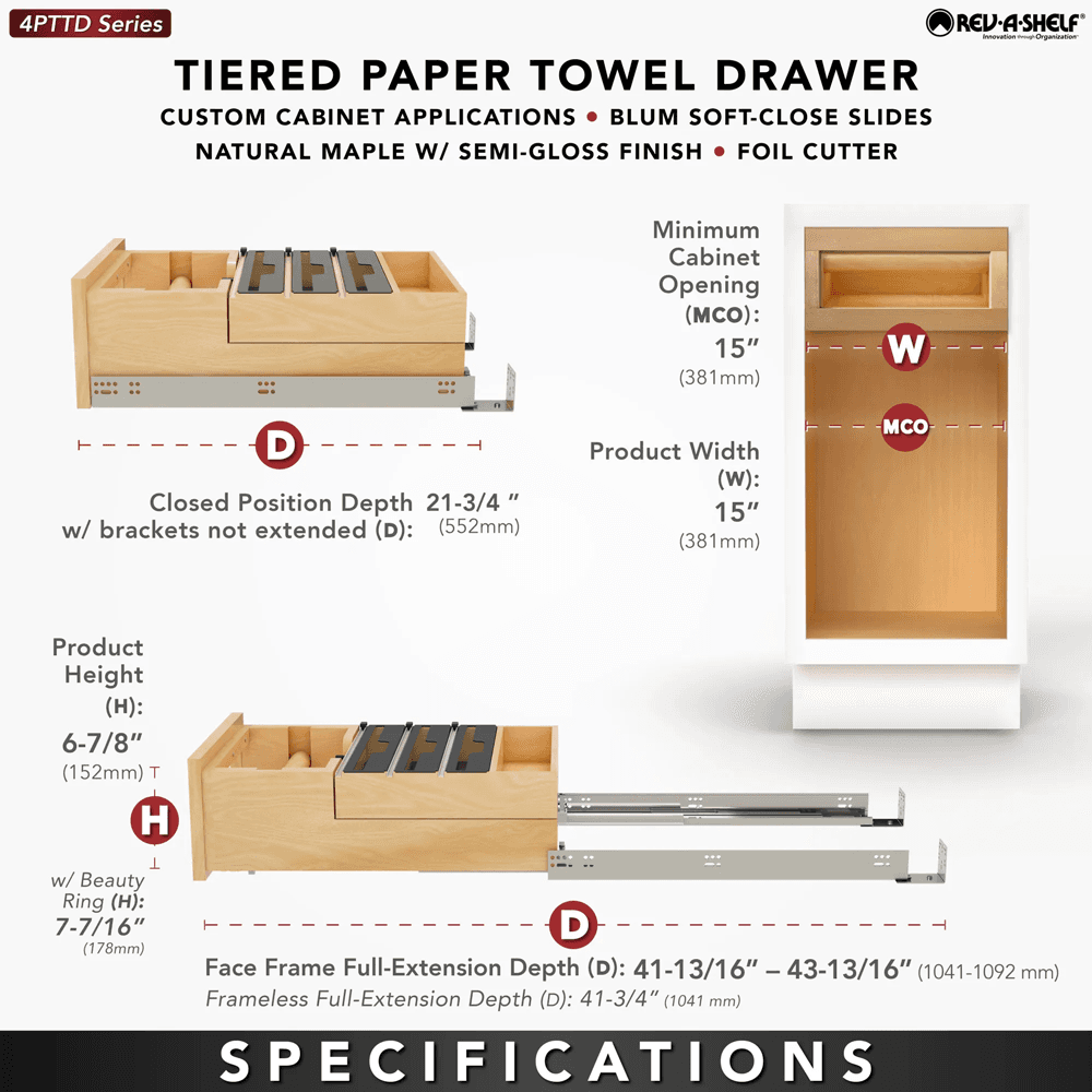 Paper Towel Drawer Pullout with Cutter, Maple - Specifications