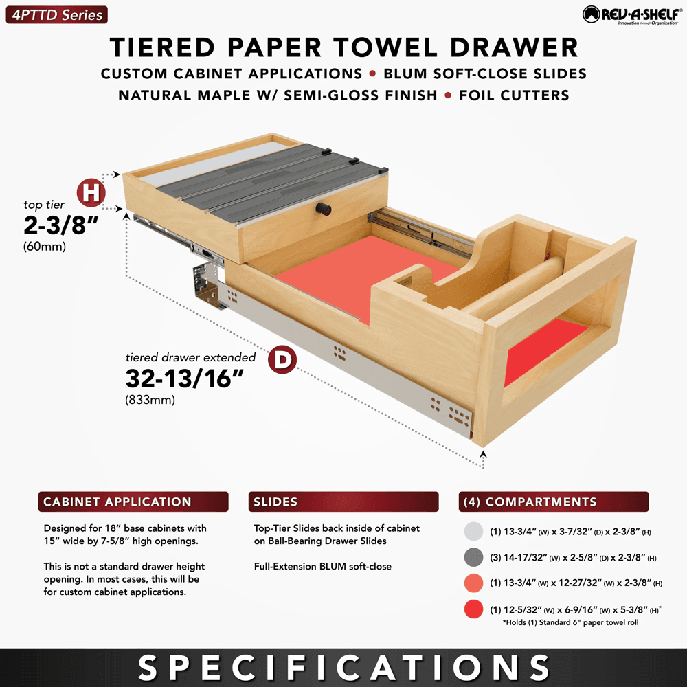 Paper Towel Drawer Pullout with Cutter, Maple - Specifications