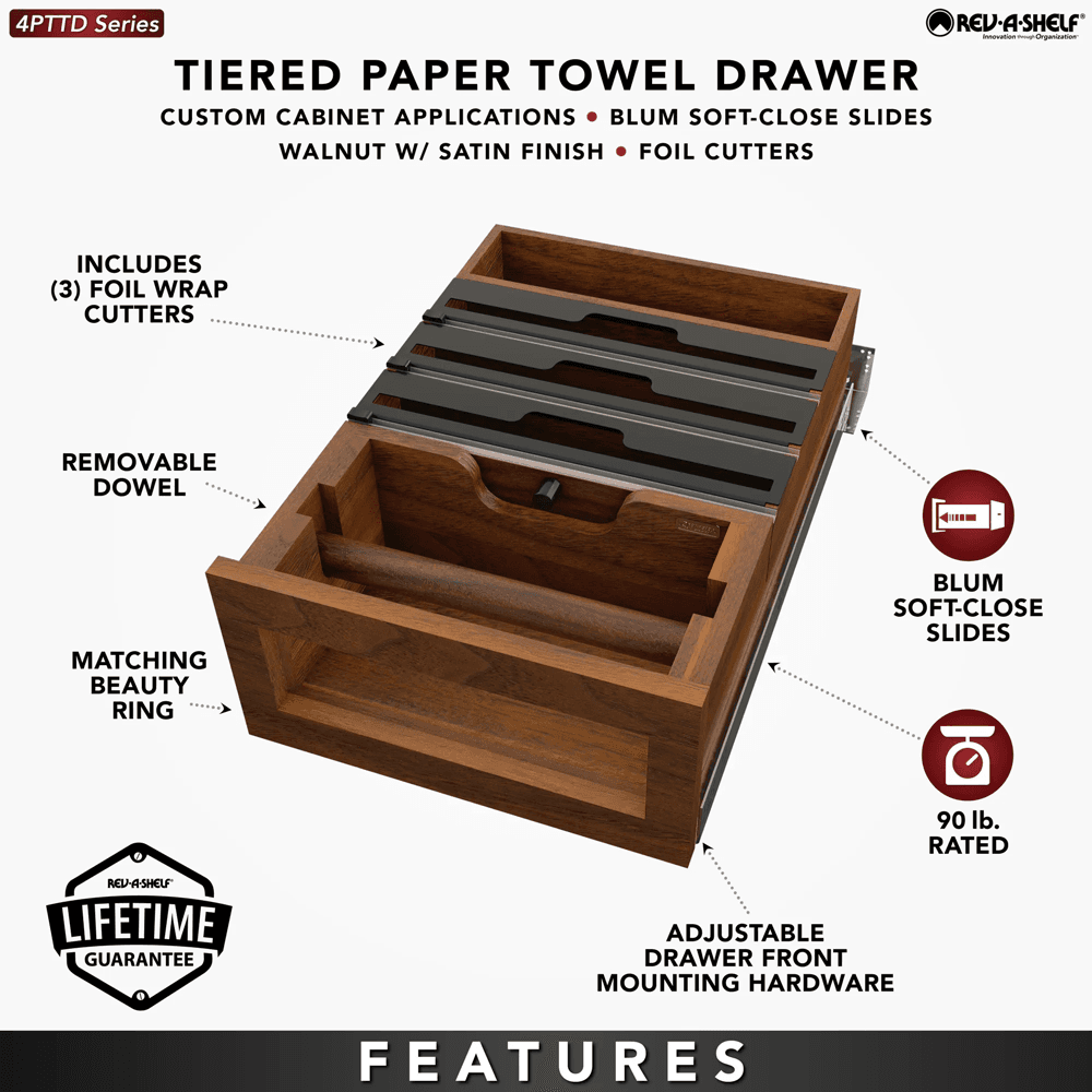 Paper Towel Drawer Pullout with Cutter, Walnut - Features