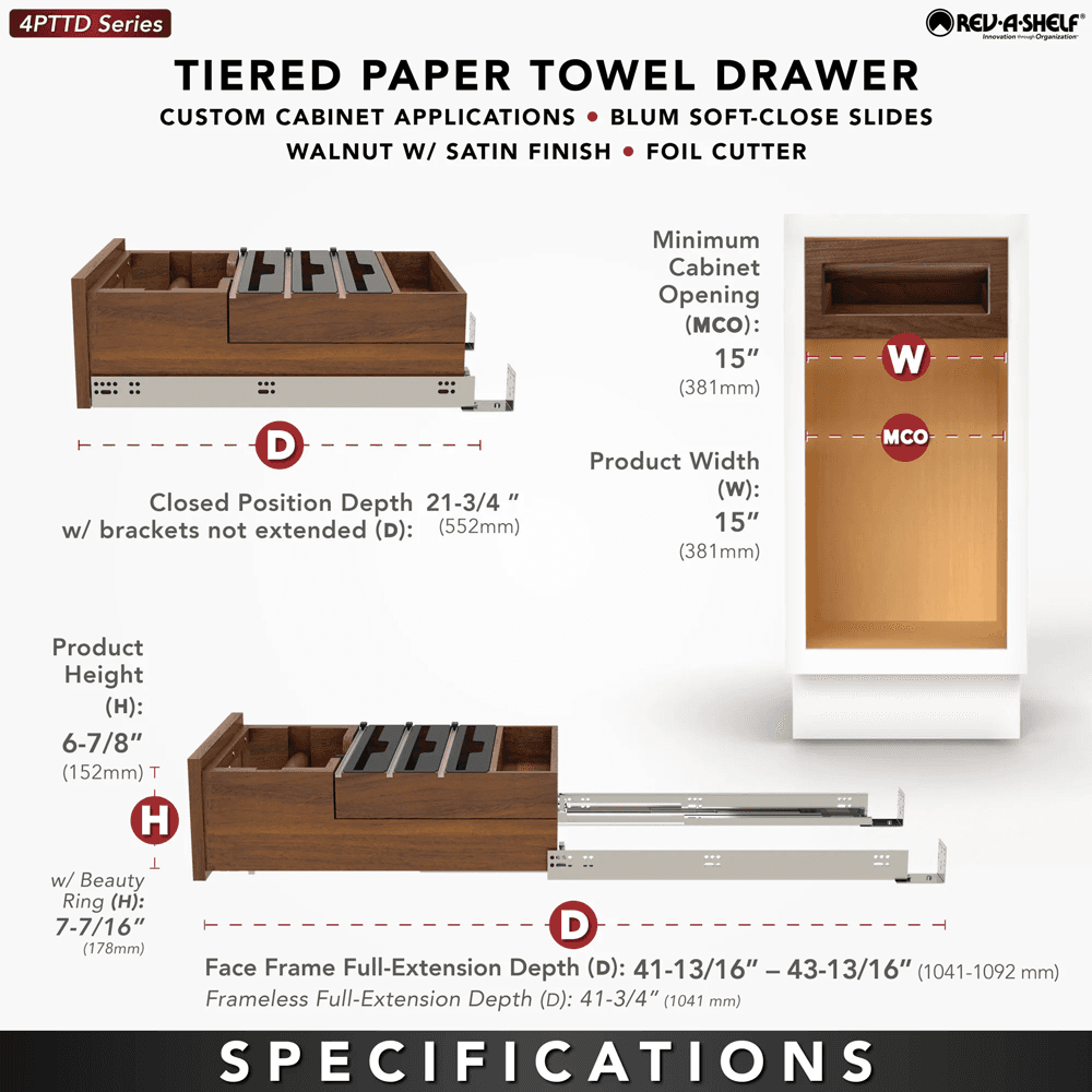 Paper Towel Drawer Pullout with Cutter, Walnut - Specifications