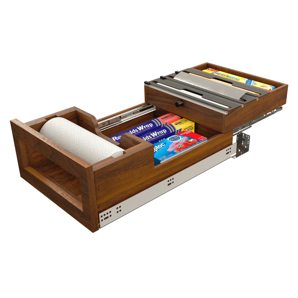 Paper Towel Drawer Pullout with Cutter, Walnut - With Paper Towels and Foil