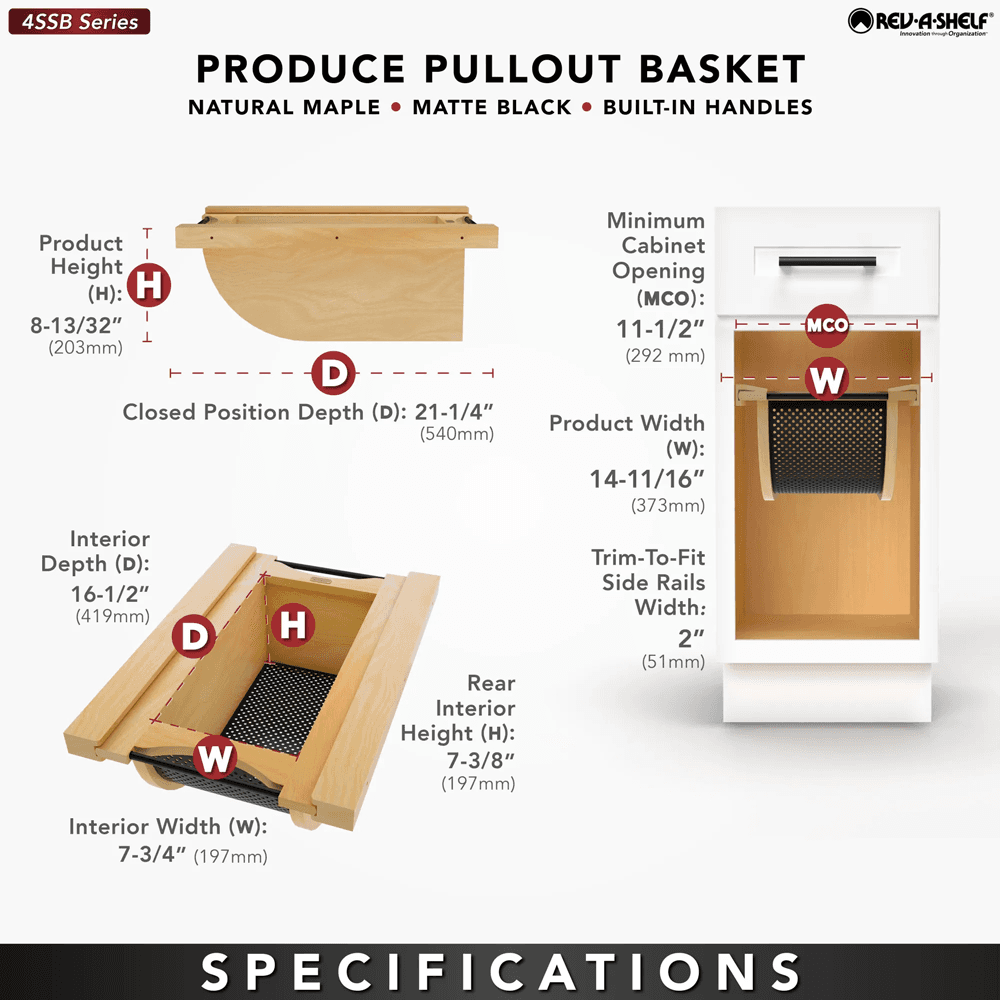Product Basket Pullout, Maple with Matte Black Accents - Specifications
