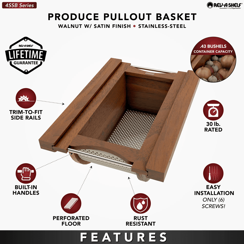Product Basket Pullout, Walnut with Stainless Steel Accents - Features