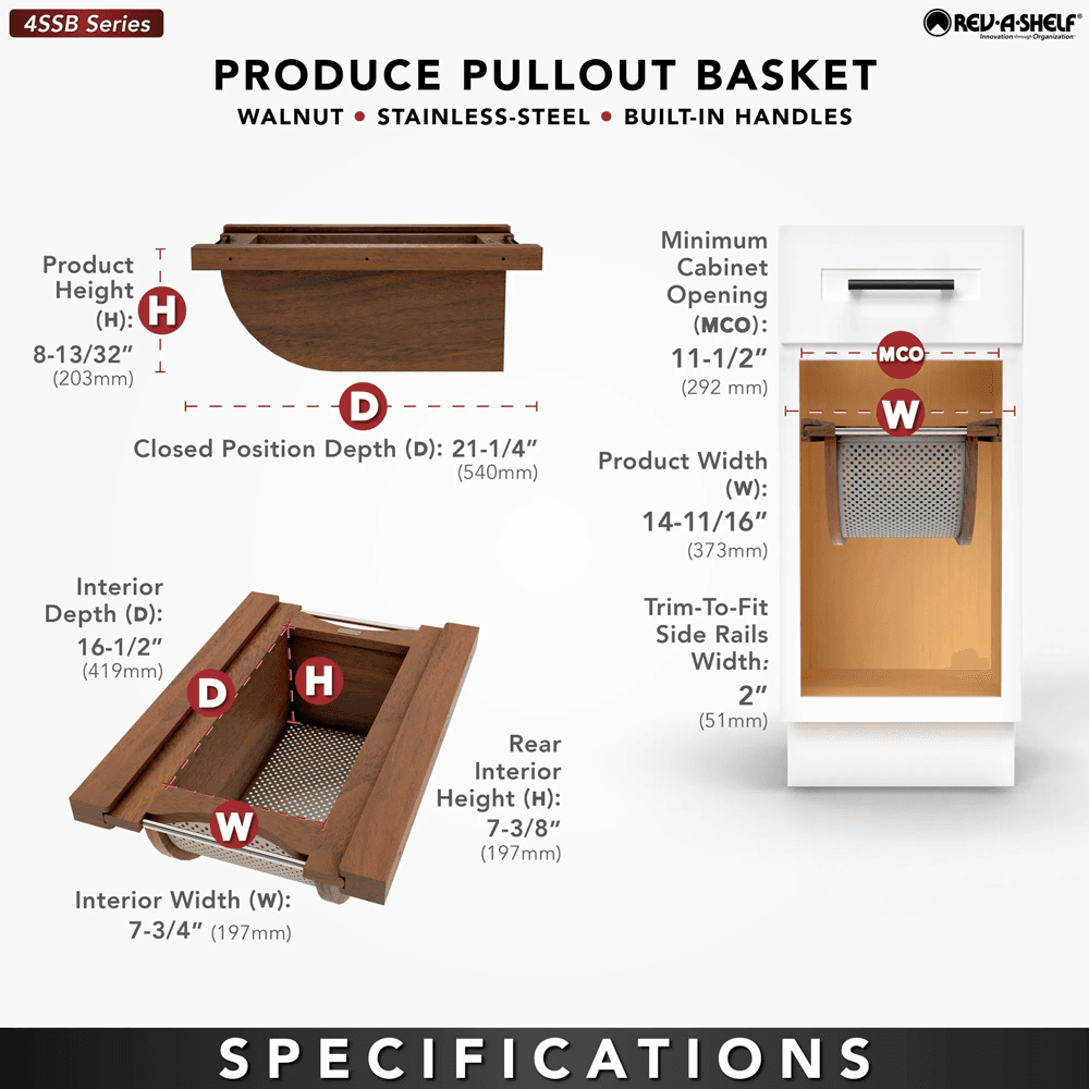 Product Basket Pullout, Walnut with Stainless Steel Accents - Specifications