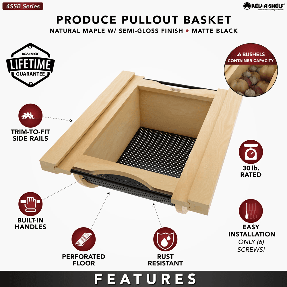 Product Basket Pullout, Maple with Matte Black Accents - Features