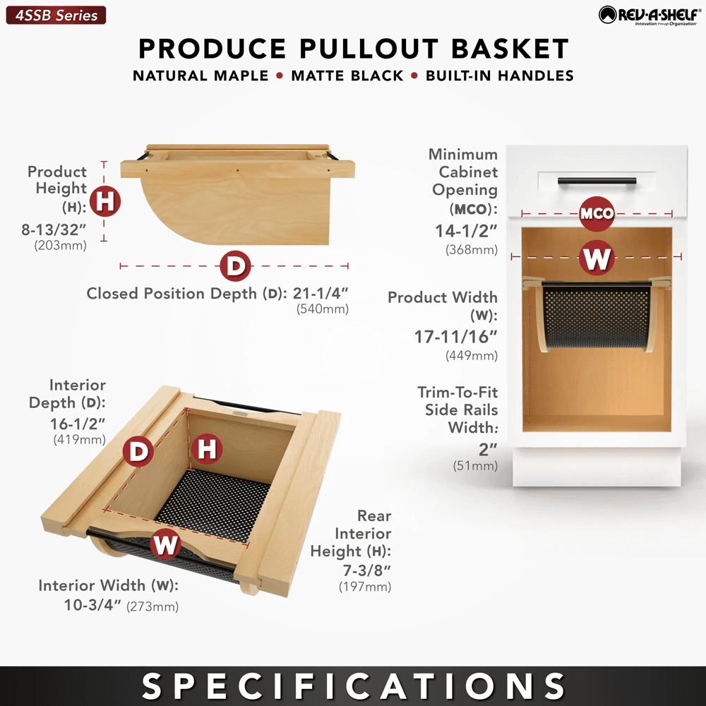 Product Basket Pullout, Maple with Matte Black Accents - Specifications