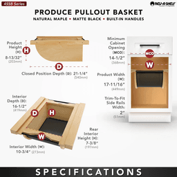 Product Basket Pullout, Maple with Matte Black Accents - Specifications