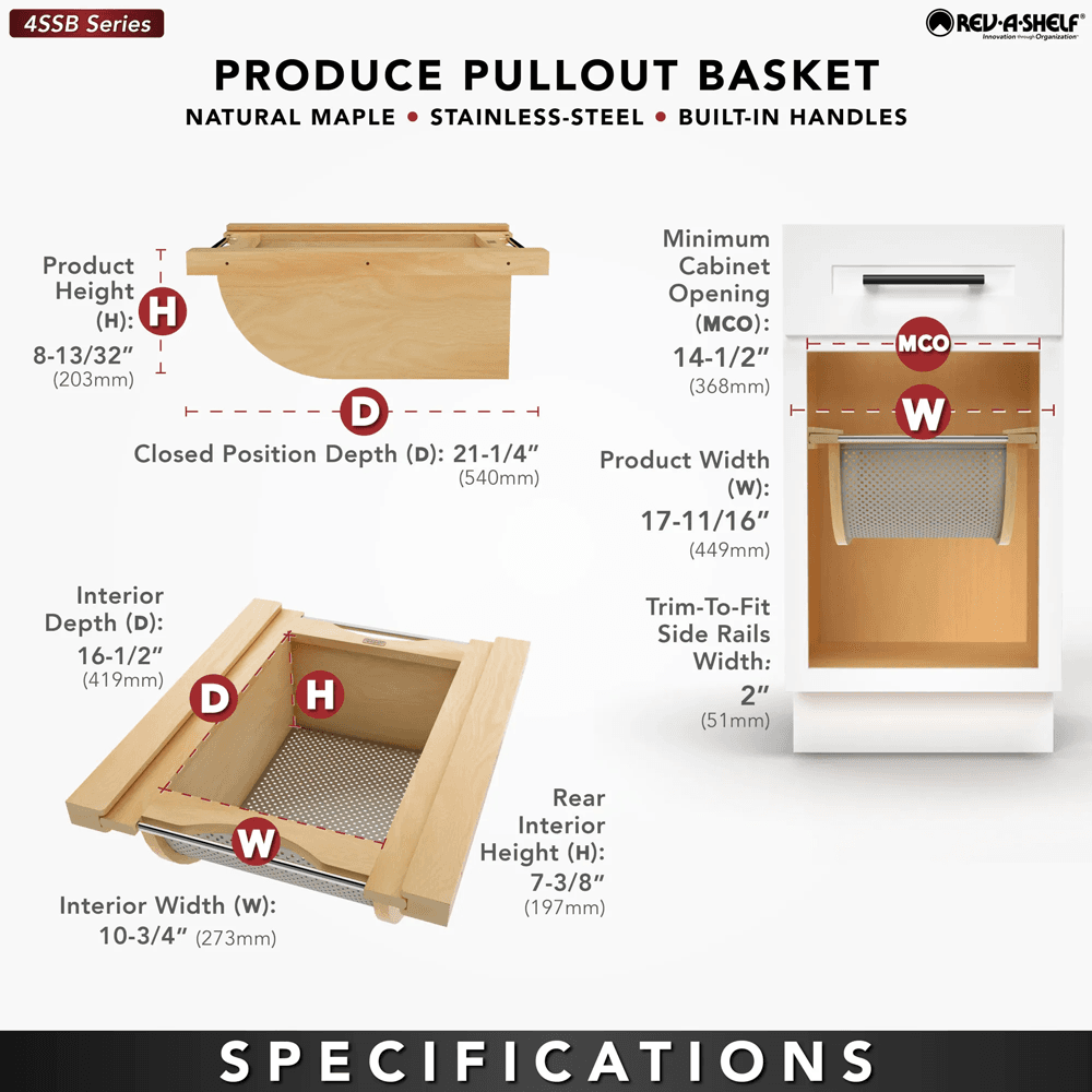 Product Basket Pullout, Maple with Stainless Steel Accents - Specifications