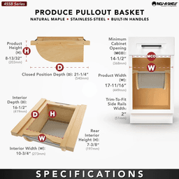 Product Basket Pullout, Maple with Stainless Steel Accents - Specifications