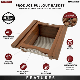Product Basket Pullout, Walnut with Stainless Steel Accents - Features