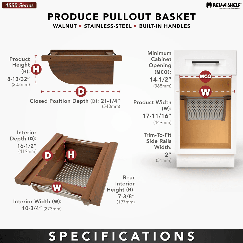 Product Basket Pullout, Walnut with Stainless Steel Accents - Specifications
