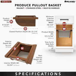 Product Basket Pullout, Walnut with Stainless Steel Accents - Specifications