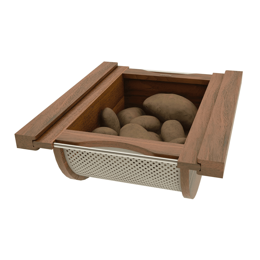 Product Basket Pullout, Walnut with Stainless Steel Accents - With Produce
