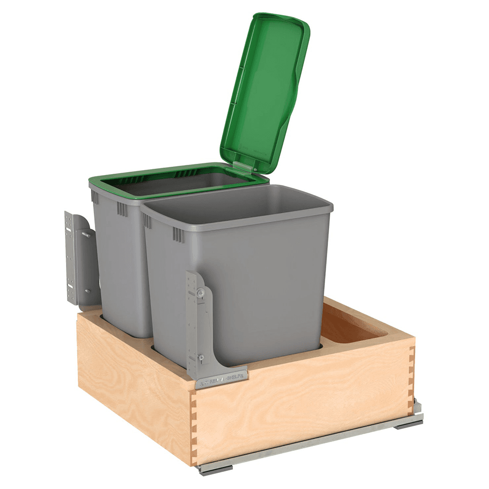 Double 32 QT Bottom Mount Waste Container Pullout with Rev-A-Motion for 20-31/32" Cabinet Opening, Clear Polyurethane Alt 11 - Image