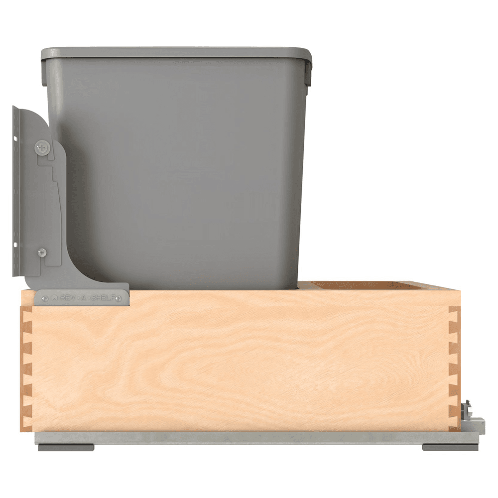 Double 32 QT Bottom Mount Waste Container Pullout with Rev-A-Motion for 20-31/32" Cabinet Opening, Clear Polyurethane Alt 4 - Image