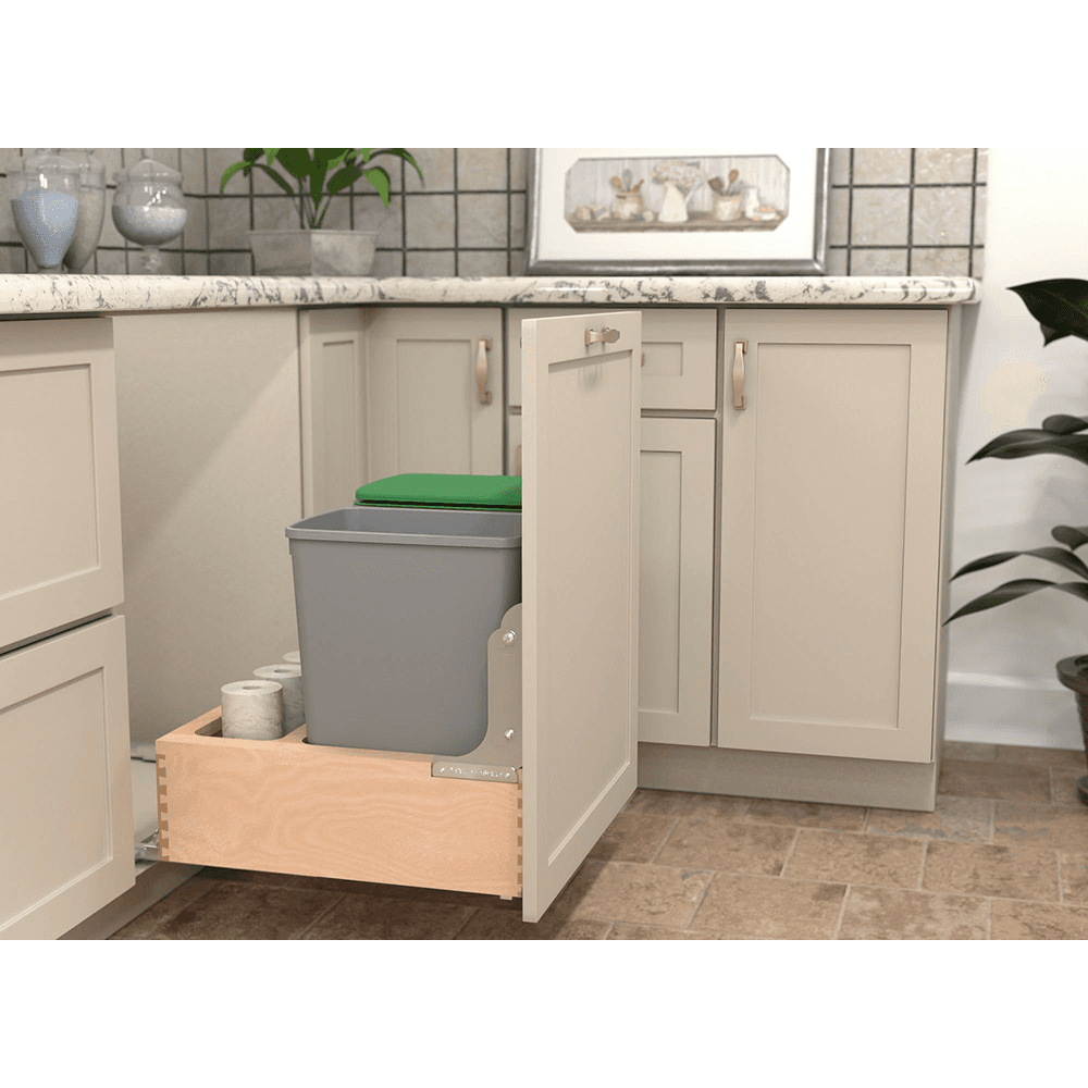 Double 32 QT Bottom Mount Waste Container Pullout with Rev-A-Motion for 20-31/32" Cabinet Opening, Clear Polyurethane Alt 7 - Image
