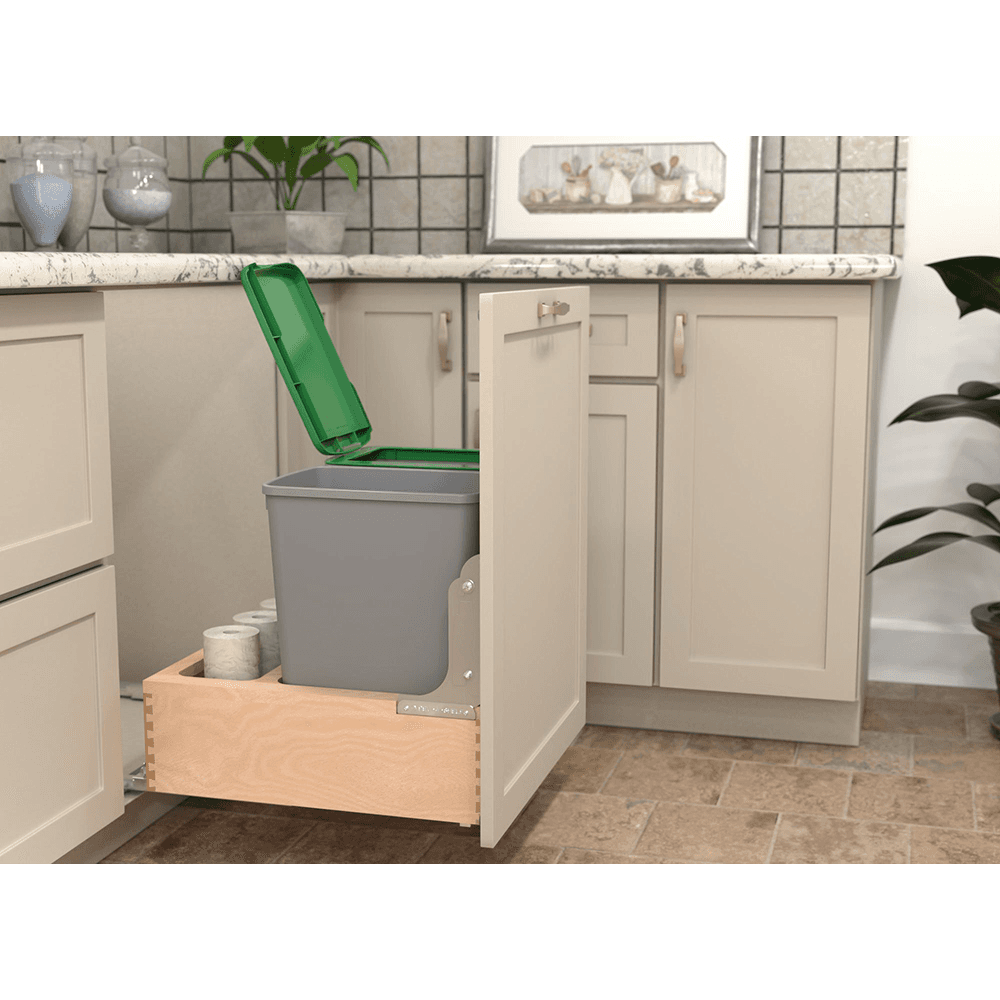 Double 32 QT Bottom Mount Waste Container Pullout with Rev-A-Motion for 20-31/32" Cabinet Opening, Clear Polyurethane Alt 8 - Image