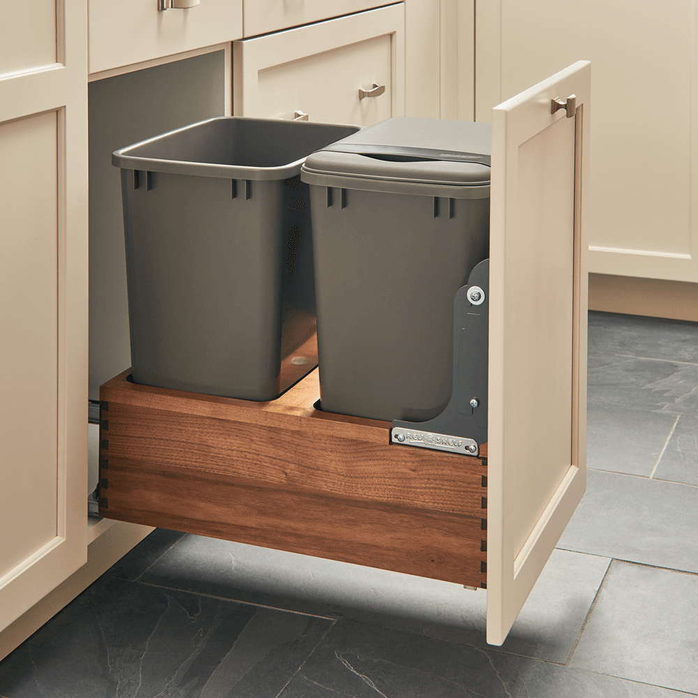 Double 35 QT Bottom-Mount Waste Container Pullout, Soft-Closing for 15" Cabinet Opening, Walnut - Alt Image 1