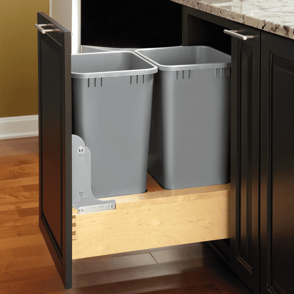 Double 50 QT Bottom-Mount Waste Container Pullout with Rev-A-Motion for 12" Cabinet Opening, Silver - Alt Image 2