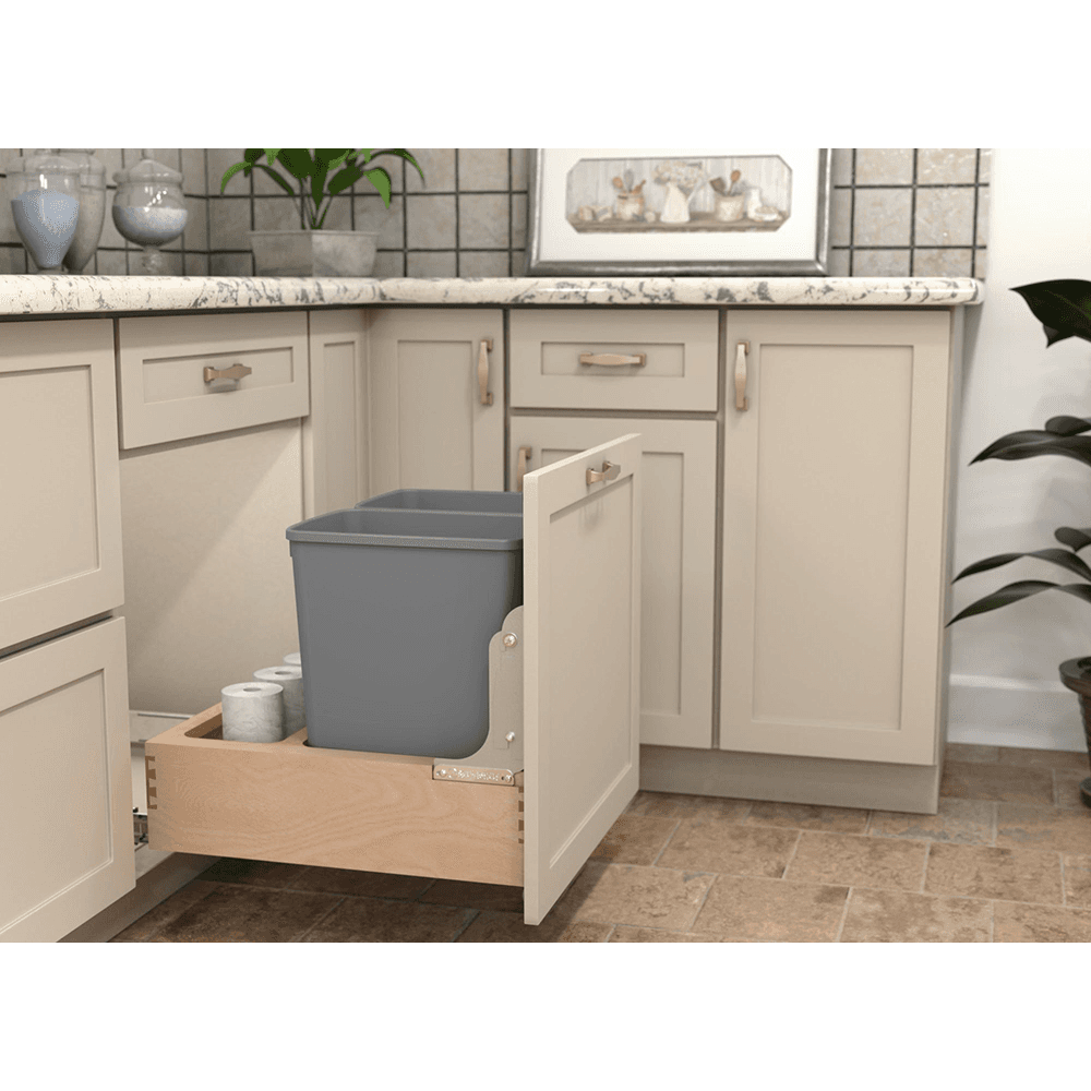 Double 32 QT Bottom Mount Waste Container Pullout with Rev-A-Motion, Soft-Closing, Clear Polyurethane Alt 7 - Image