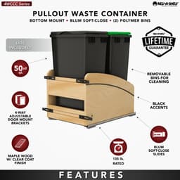 Double 50 Qt. Craftsman Collection Bottom Mount Pullout Waste Container, Black - Features