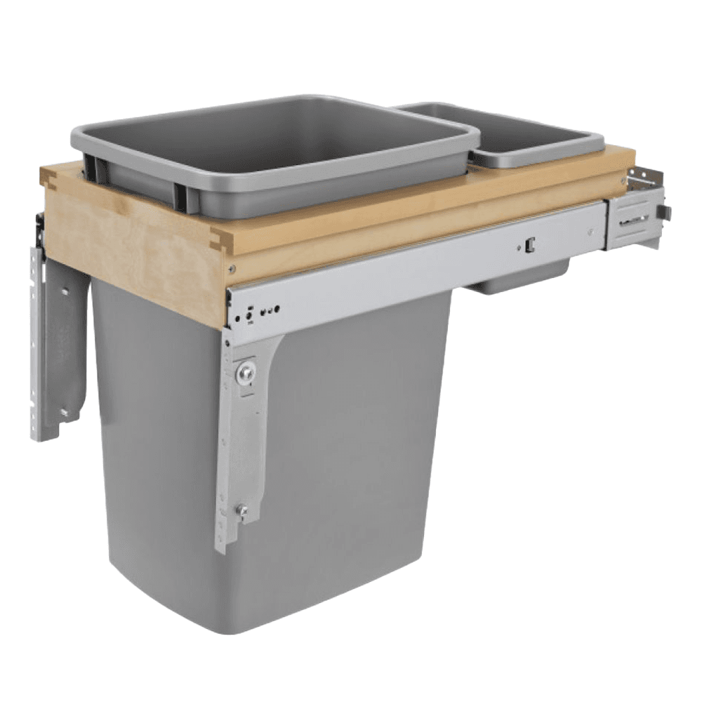 Single 35 QT Top-Mount Silver Waste Container Pullout, Ball Bearing Soft-Closing, Metallic Silver - Main Image