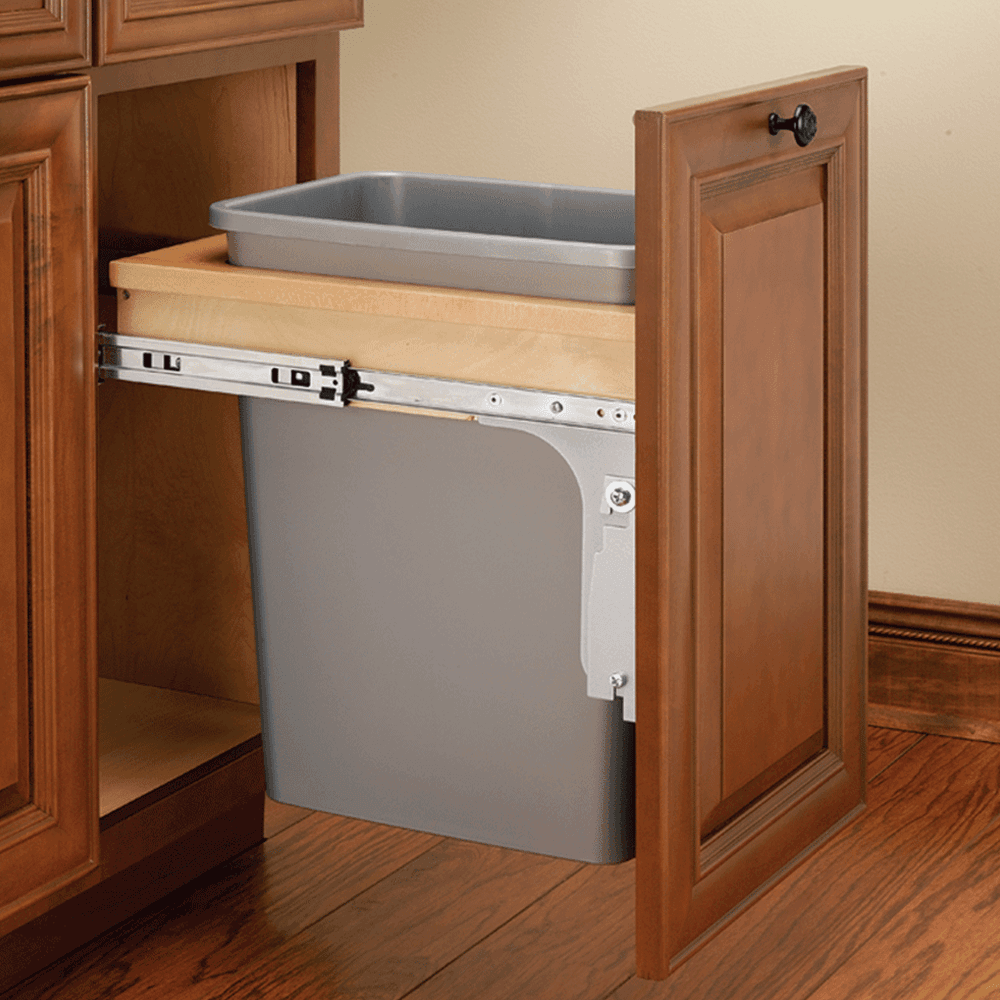 Single 35 QT Top-Mount Waste Container Pullout 1-1/2" Face Frame, Natural/Metallic Silver - Alt Image 1