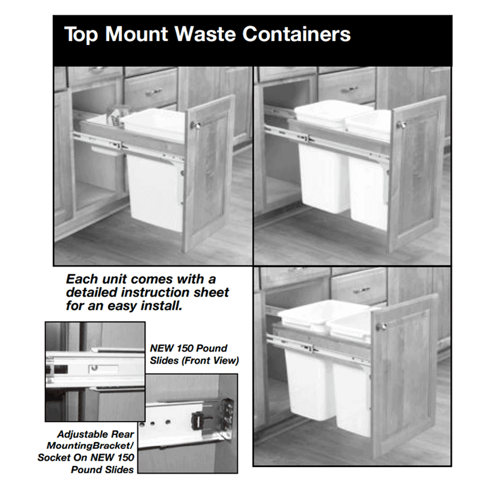 Single 50 QT Top-Mount Waste Container Pullout with Polymer Storage Bin for 1-1/2" Face Frame, Natural/White - Alt Image 2