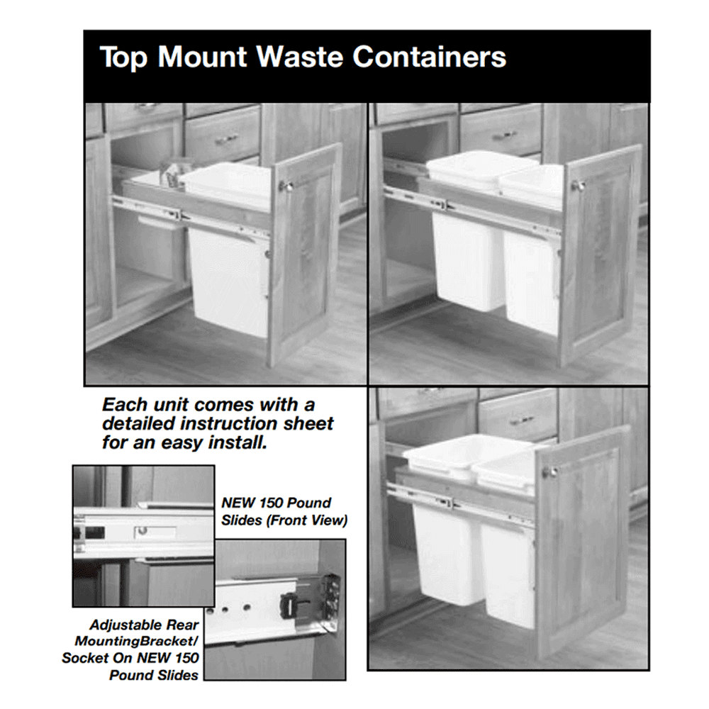 Single 50 QT Top-Mount Waste Container Pullout for 1-1/2" Face Frame, White - Alt Image 2