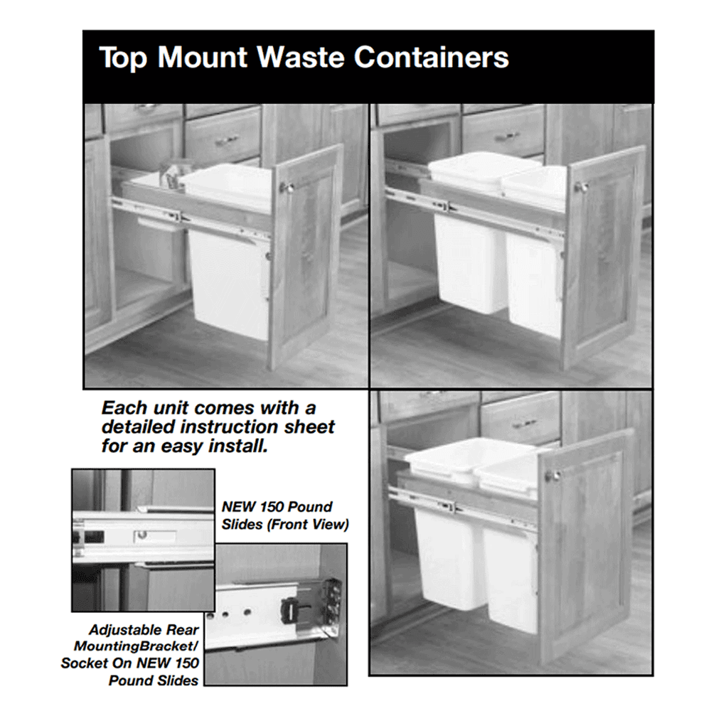 Double 35 QT Top-Mount Waste Container Pullout with 1-1/2" Face Frame for 15" Cabinet Opening, White - Alt Image 4