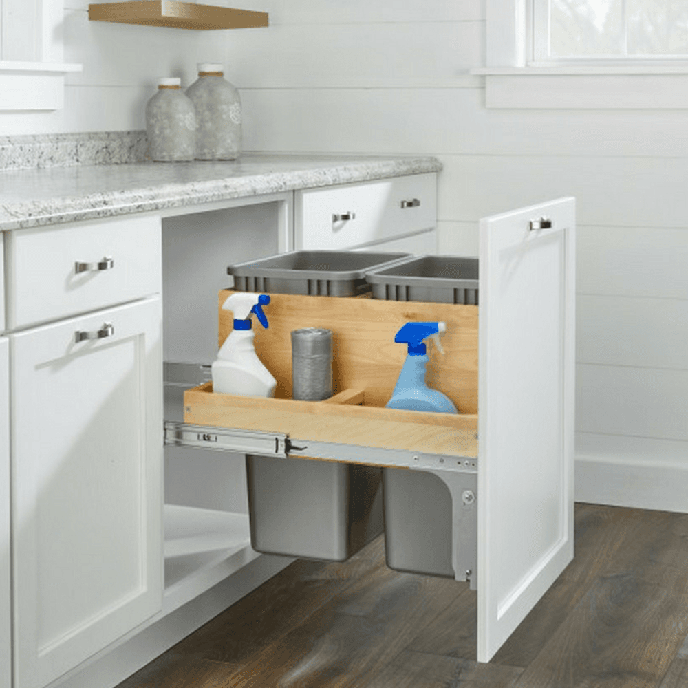 Double 50 QT Top-Mount Waste Container Pullout with Soft-Closing, Light Brown Alt 1 - Image