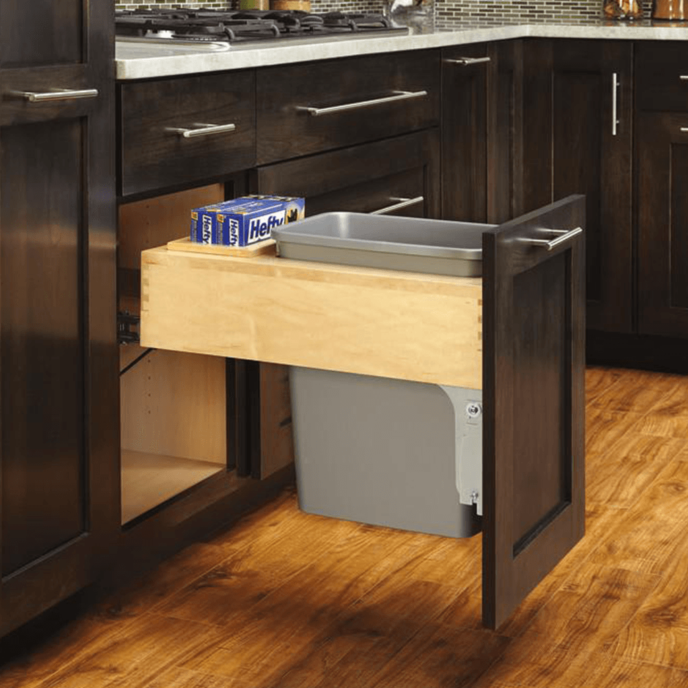 Single 35 QT Top-Mount Waste Container Pullout, Rev-A-Motion Soft-Closing, Silver - Alt Image 1