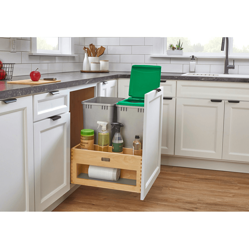 Double 50 QT Bottom-Mount Waste Management Center with Storage Space/Soft-Close, Metallic Silver Alt 1 - Image