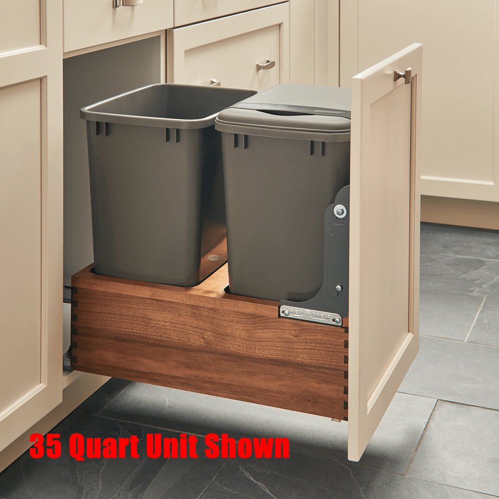 Double 50 QT Bottom-Mount Waste Container Pullout, Soft-Closing for 15" Cabinet Opening, Walnut - Alt Image 1