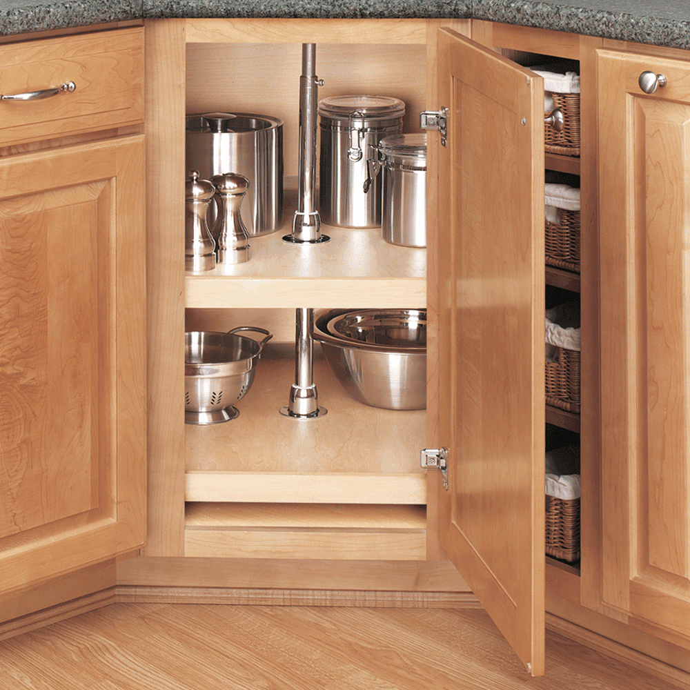 4WLS 20" D-Shape 2 Tray Wood Lazy Susan - Alt Image 1