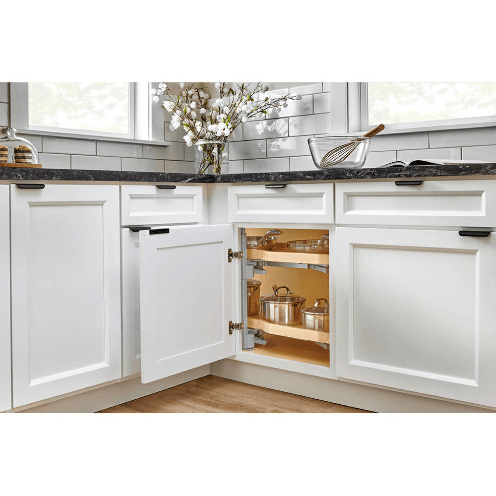 4WLS87 2-Tier Girasolo Left-Hand Wood Classic Shelves Blind Corner Optimizer with Soft-Close for 15" Cabinet Opening, Light Brown Alt 4 - Image
