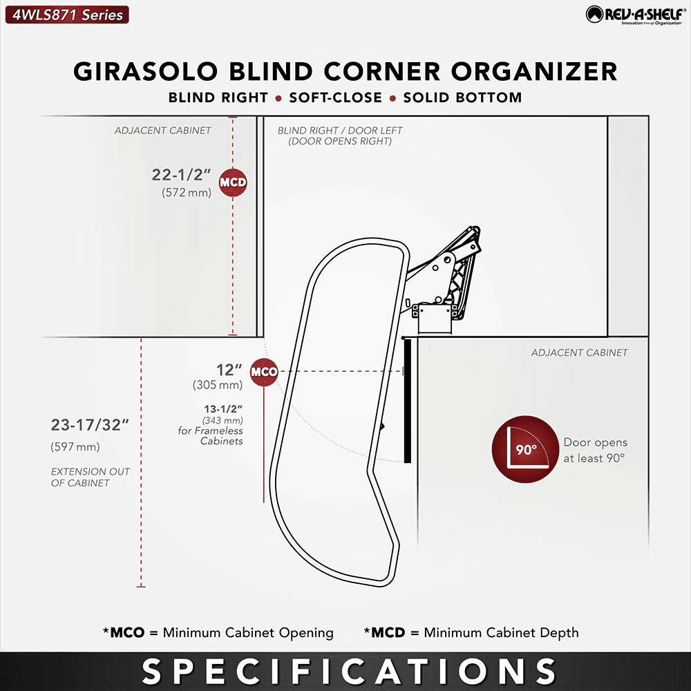 Single-Tier Girasolo Left-Hand Wood Classic Shelves Blind Corner Optimizer with Soft-Close for 12" Corner Cabinet, Light Brown Alt 2 - Image